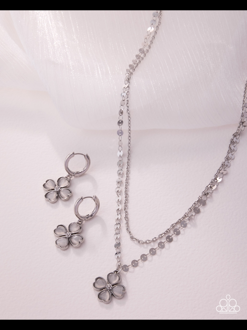 Paparazzi Silver Clover Layered Necklace and Earrings Set